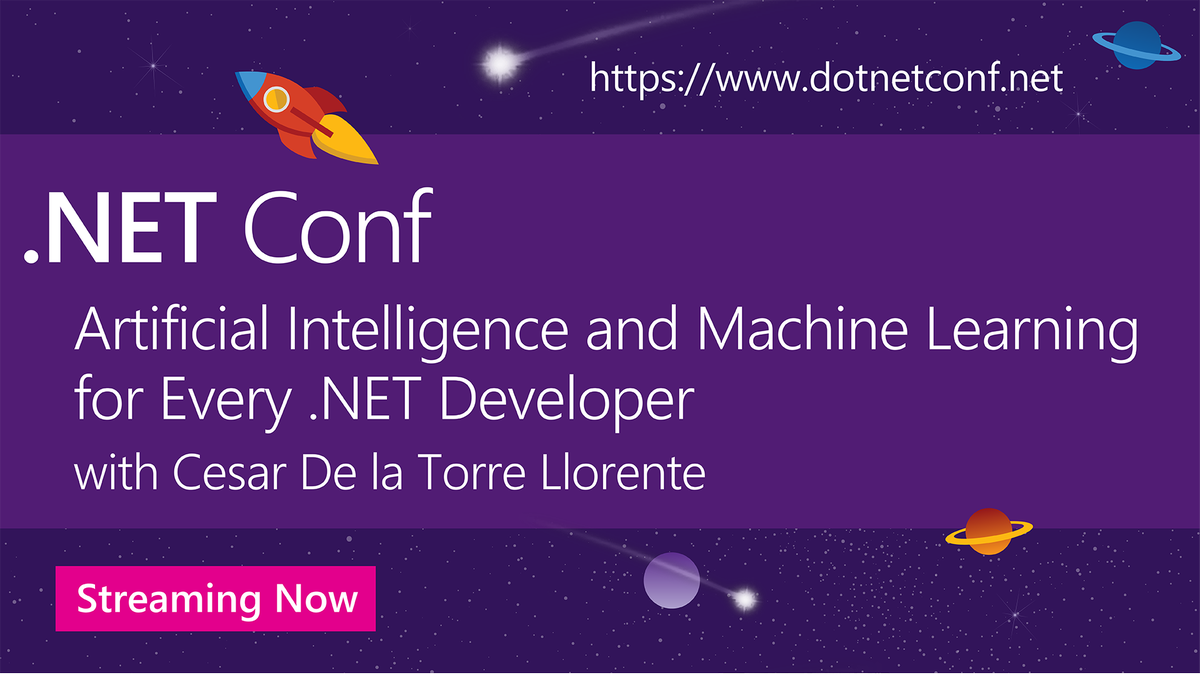 VisualStudio's tweet photo. Now on #dotNETConf...
Artificial Intelligence &amp; Machine Learning for Every .NET Developer w/ @CesarDeLaTorre 
Tune in: https://t.co/YAKPIhnxjZ https://t.co/pZ1gDJ176U