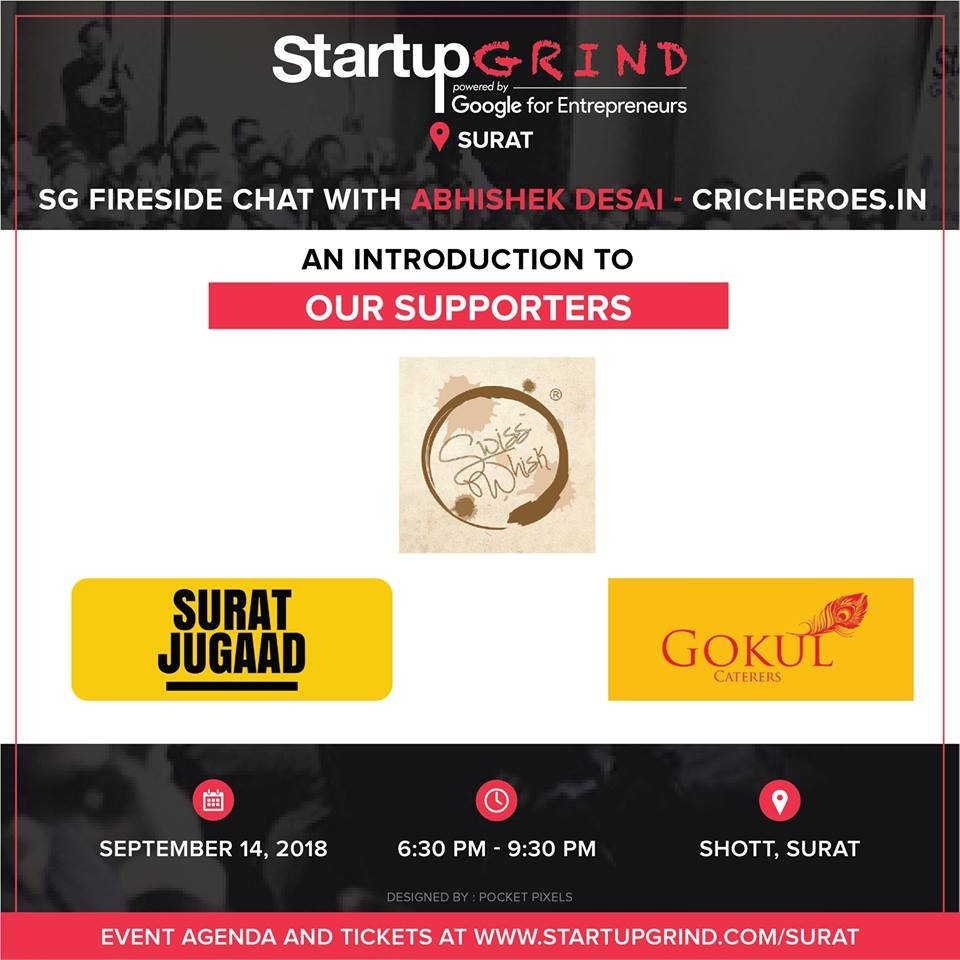 startupgrindSRT's tweet photo. We have few more supporters.. #StartupGrind Surat would like to thank our supporters Swiss Whisk, Surat Jugaad and Gokul Caterers.

Book your tickets now at https://t.co/lNLpIP46Bu to enjoy the amazing entrepreneurial journey of renowned startup founders. https://t.co/qWdz5dp7DZ