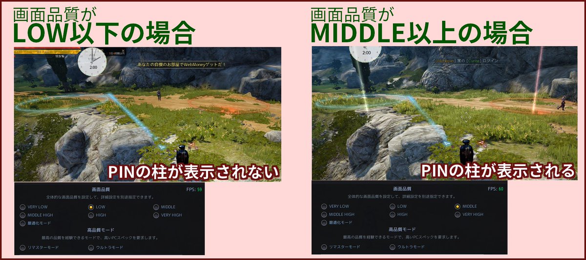 アビスターナ 黒い砂漠pc 09 12 水アプデ後の移動マーカーや ピン ギルドメンバーに自分の位置表示の機能で デフォルトだと キーやマップ上からctrl 左クリック の仕様に不具合らしき挙動が見えます 画面設定がlow以下だと 中央の柱が表示されず