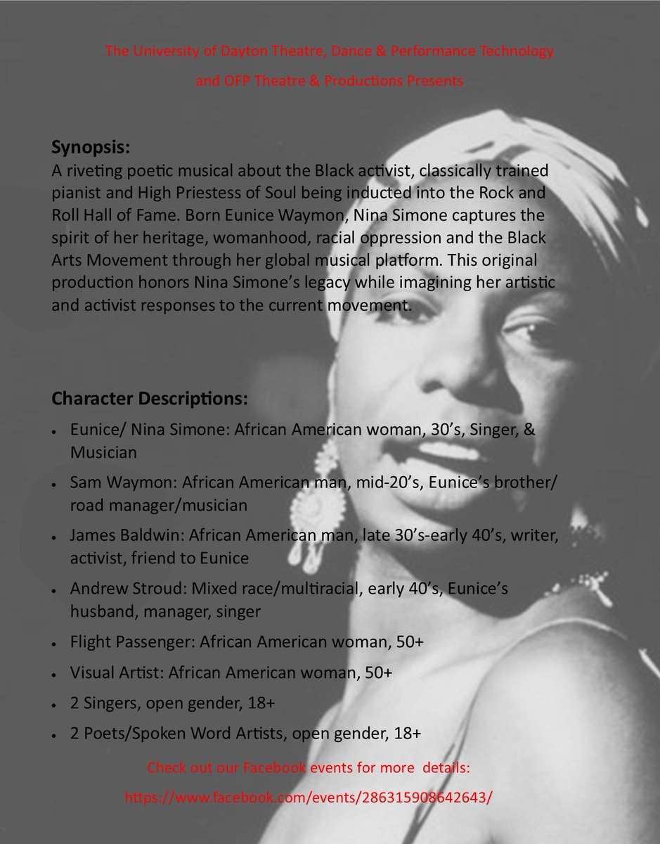 Announcing Auditions for Eunice: Star Shine and Clay. 
*September 24, 7-10 PM* 
*Kennedy Union, Boll Theatre* 
Follow this link for more information and full cast descriptions: facebook.com/events/2863159…

#auditions #daytonauditions #openauditions #daytontheatre #actingauditions