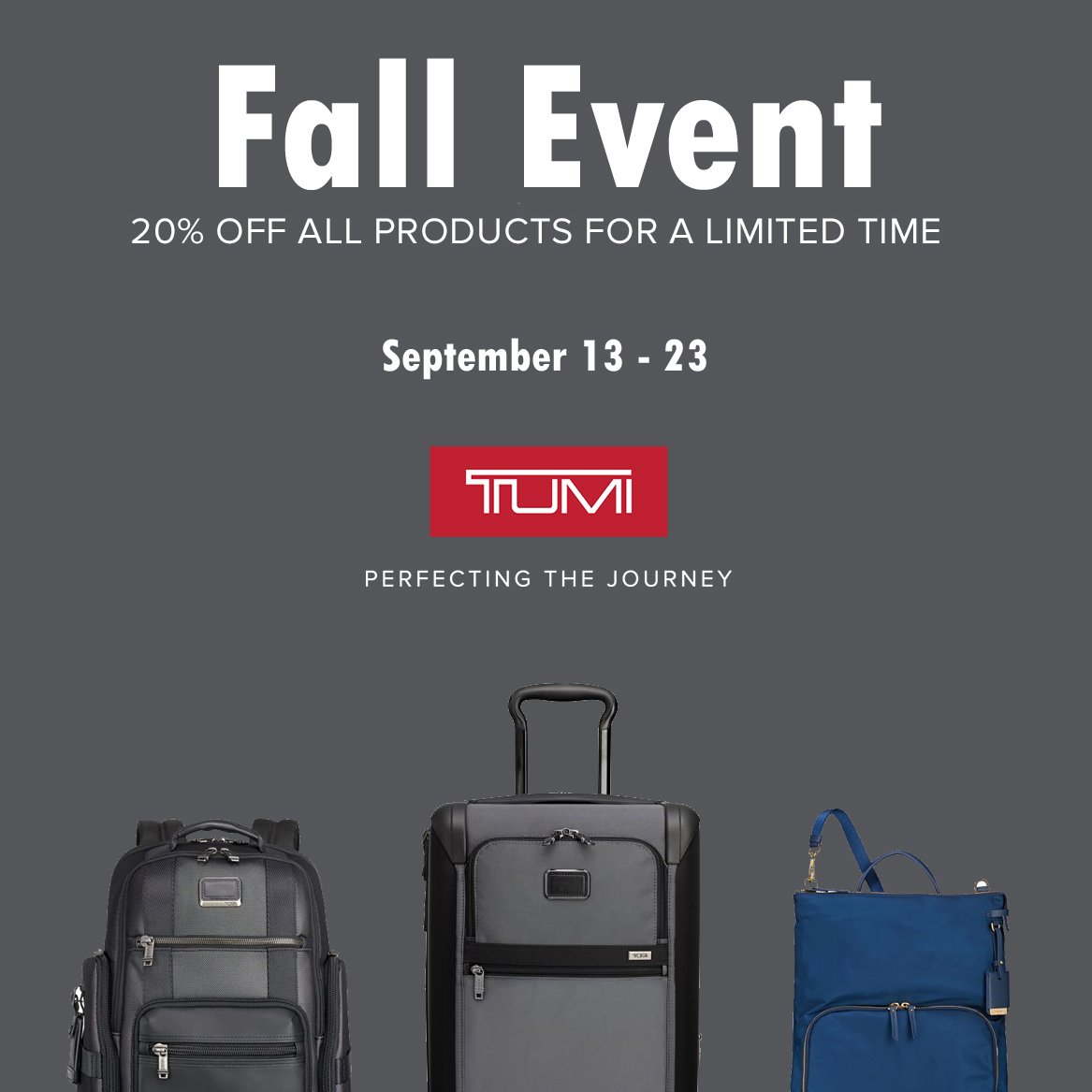 cbnbaggage's tweet photo. Bag'n Baggage TUMI Fall Sale Event - For a limited time enjoy 20% Off all Tumi products. https://t.co/88TSUhvEhf https://t.co/rzF8wNdMiU