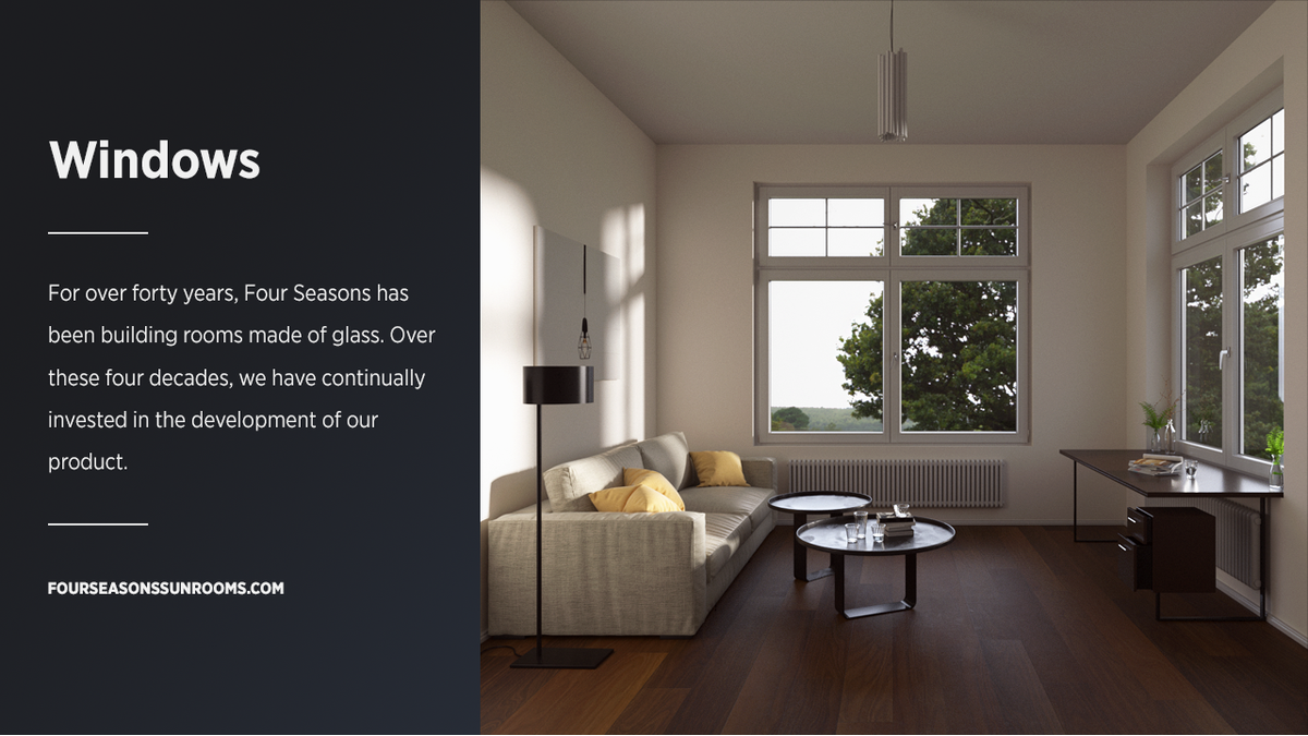 SunroomsWindows's tweet image. Whether rooms of glass or beautifully durable panes to protect your home, the entire Four Seasons has honed our product into something worth adding to your home. #WindowWeek