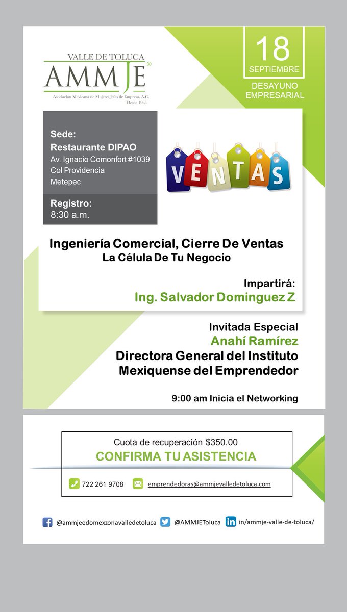 ¿Ya agendaste nuestro desayuno? Martes 18 de septiembre. Tendremos una excelente platica para que aprendas a CERRAR VENTAS y nuestra invitada especial es Anahí Ramírez Directora General del Instituto Mexiquense del Emprendedor.