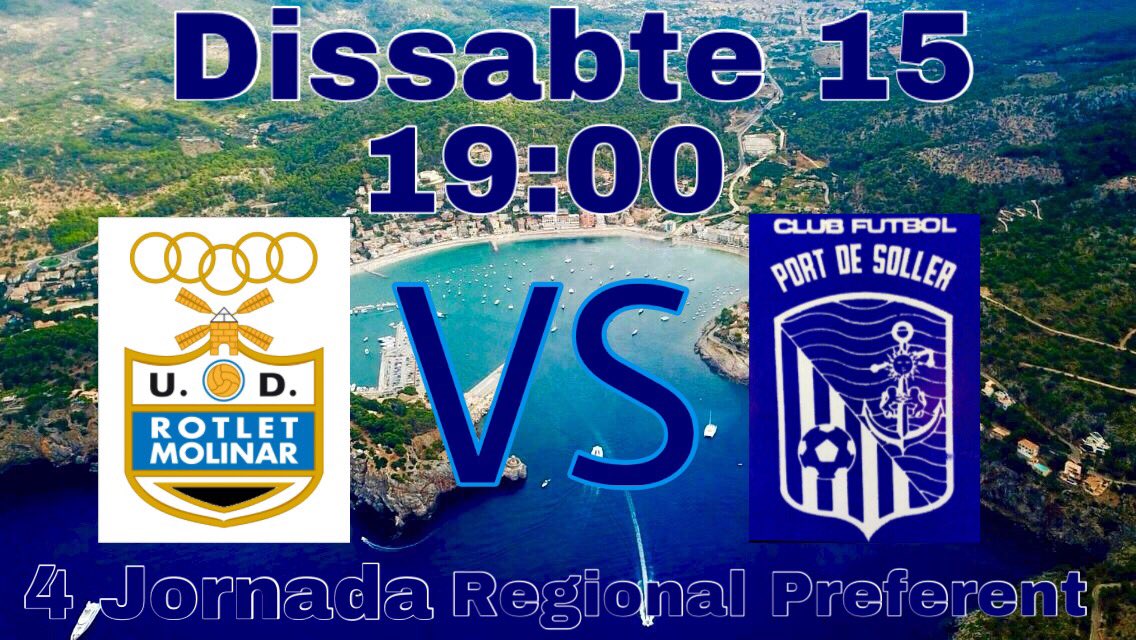 4 jornada de la Regional Preferent:

Aquest dissabte 15 a les 19:00 visitam un camp difícil com és el del líder de la categoria.

<a href="/udrotletmolinar/">Rotlet Molinar</a> vs <a href="/CFPortdeSoller/">Club Futbol Port De Sóller</a> 
#VamosPort 🔵🔵⚓️