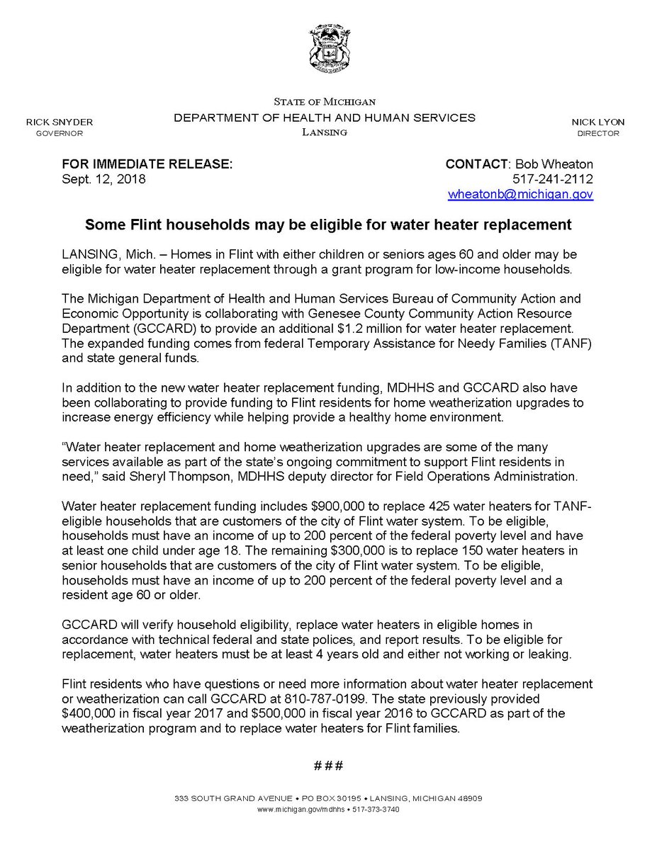 GenHealthSystem's tweet image. Do you have a water heater that&apos;s at least 4 years old and either not working or leaking? Homes in Flint with either children, or seniors ages 60+, may be eligible for water heater replacement through a grant program for low-income households. Call GCCARD at 810-787-0199