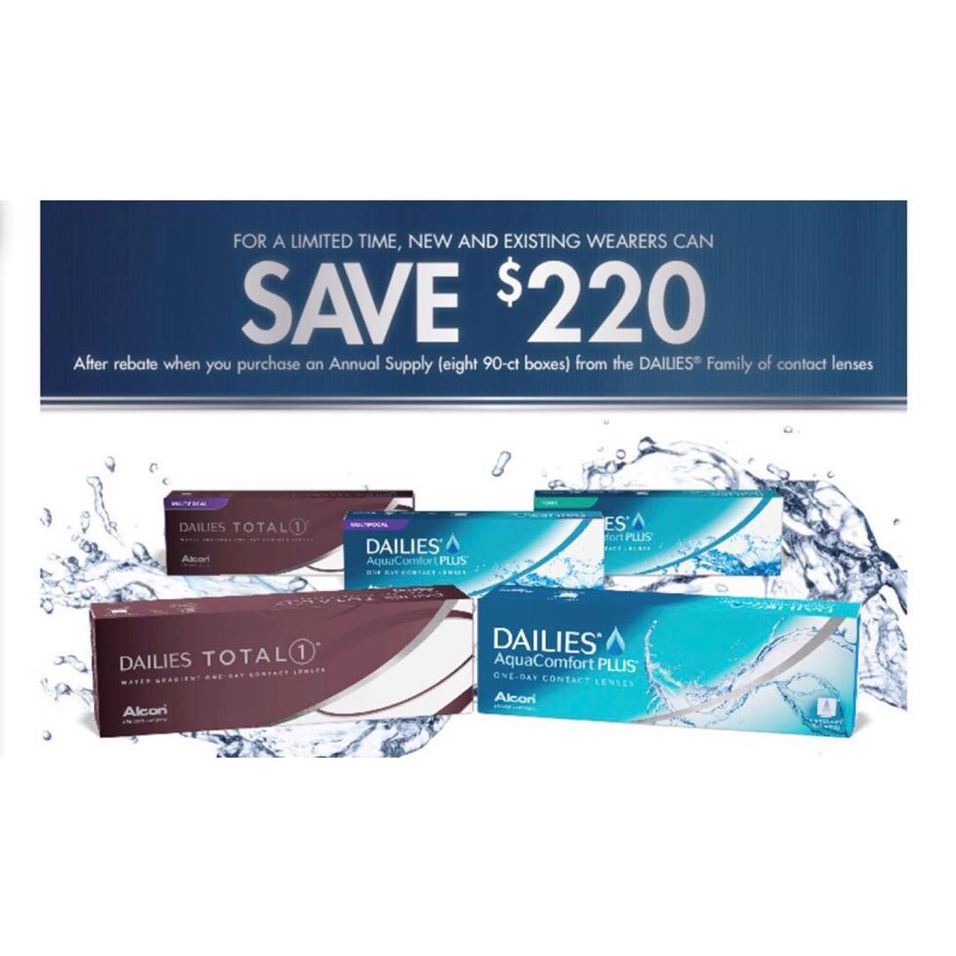 Drzoellner's tweet photo. Alcon is offering up to $220 in rebates on Dailies Aqua Comfort Plus. Comfortable vision throughout the day. 

So come in and see if Dailies Aqua Comfort Plus are the right choice for you.
Because who wouldn't like a few extra Benjamin's!

https://t.co/jFyUochivm https://t.co/Cghek0NM4a
