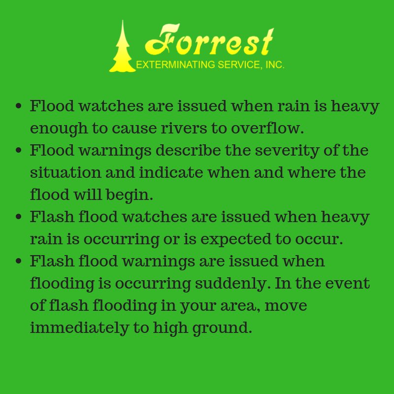 ForrestExterm's tweet image. There are different alerts for floods, depending on the type of and immediacy of the potential danger. Educate your family and yourself about your community&apos;s flood warnings: #pestcontrol #moisturecontrol forrestexterminating.com