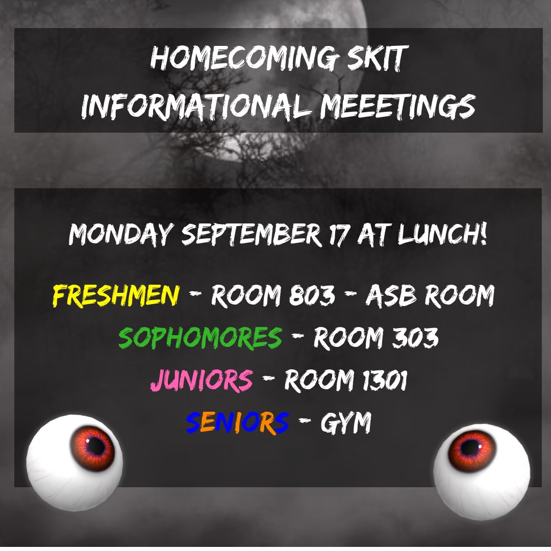 STHSASB's tweet photo. Homecoming Skit informational meetings will be this Monday, September 17! Here are the meeting locations for each class. https://t.co/uVpb3t1EXd