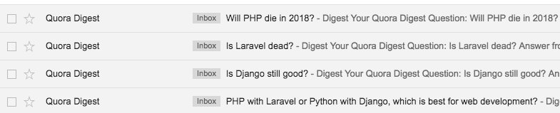 mmccaff's tweet photo. Stop trolling my inbox, Quora. Laravel, PHP, and Django aren't leaving us anytime soon. Everything is fine.

#php #laravel #django #notdead https://t.co/uTFc3ooDu3