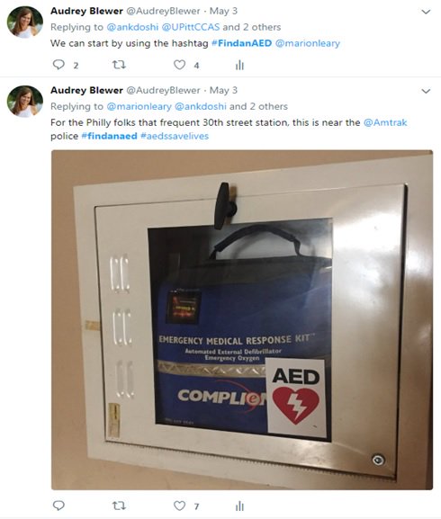 AudreyBlewer's tweet photo. @Penn_CRS Social media can be used for grassroots campaigns like our ongoing #findanaed hashtag campaign. Find an AED, take a picture of it & post-it! We are tracking this & using it to raise awareness about #aeds #findanaed #aedssavelives #resuschat https://t.co/XlJnXF0dsl