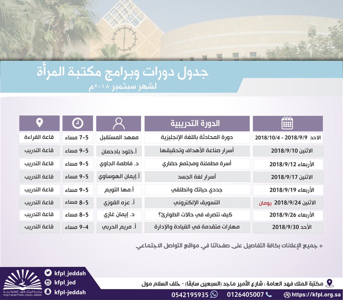 مكتبة الملك فهد العامة بجدة On Twitter دورات وورش عمل يومي الثلاثاء والأربعاء الحضور للشباب فقط مكتبة الملك فهد العامة جدة فعاليات جدة