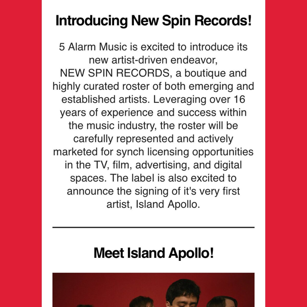 We’re excited to announce that we have joined the family at @5AlarmMusic as the very first artist on NEW SPIN RECORDS, a boutique and highly curated roster of both emerging and established artists for synch licensing opportunities in the TV, film, advertising, and digital spaces.