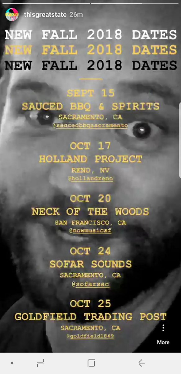 thisgreatstate_'s tweet photo. Catch our new fall dates!!! Its gonna be a good time👍😎#music #fun #TwitterGulio #Sofarsounds #downtownsacramento #sacramento #newmusic #NYCVotes #HurricaneFlorence2018 #Florence #NYPrimary #TheHub #TheVoice #Tag be well everyone❤ https://t.co/fR0ul9NPI9