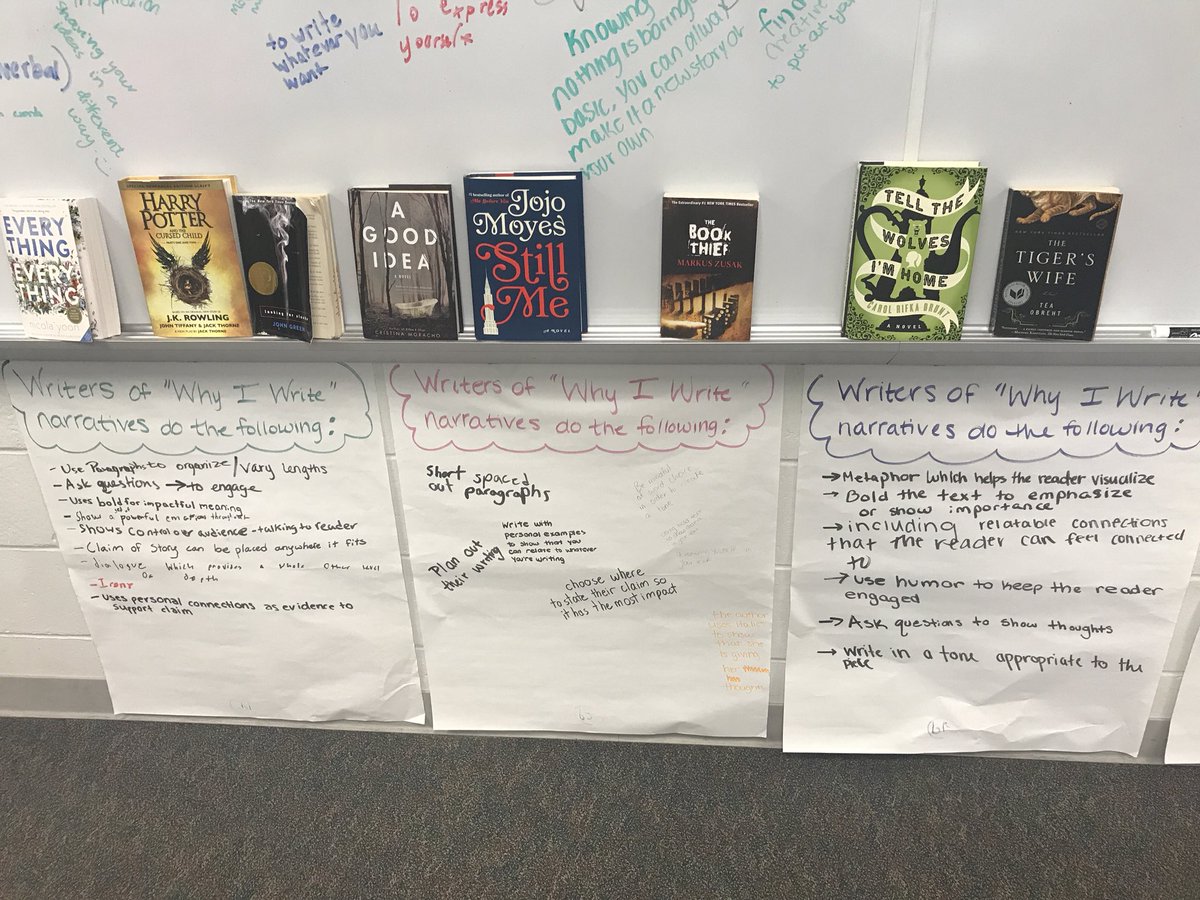 Freshmen read mentor texts to discover strategies to use when writing their “Who I Am As A Writer” narrative. 🔍 #writinginstruction