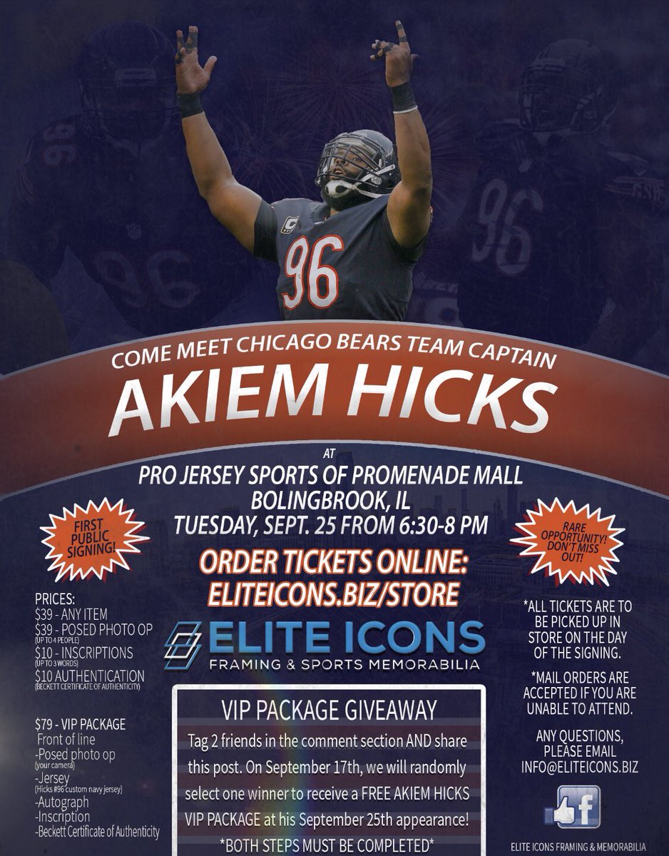 KCB Sports Marketing (@kcbsports) on Twitter photo This is gonna be big!! Come meet <a href="/The_Dream99/">akiem hicks</a> and get an autograph! Tues Sept 25 6:30p-8p at Pro Jersey Sports Promenade Mall, Bolingbrook, IL This is gonna be big!! Come meet <a href="/The_Dream99/">akiem hicks</a> and get an autograph! Tues Sept 25 6:30p-8p at Pro Jersey Sports Promenade Mall, Bolingbrook, IL