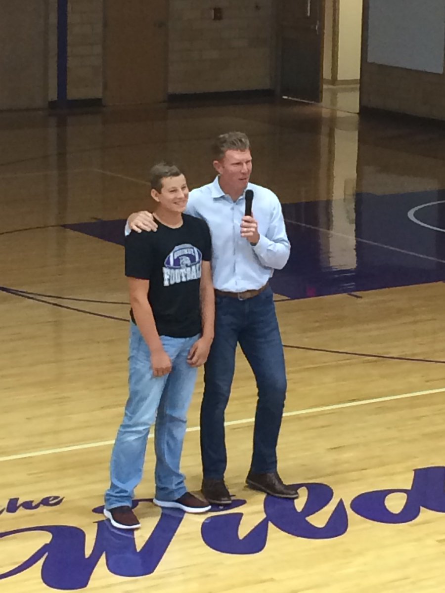 Blake and Matt Birk today! What a brave kid! #goodhueschool