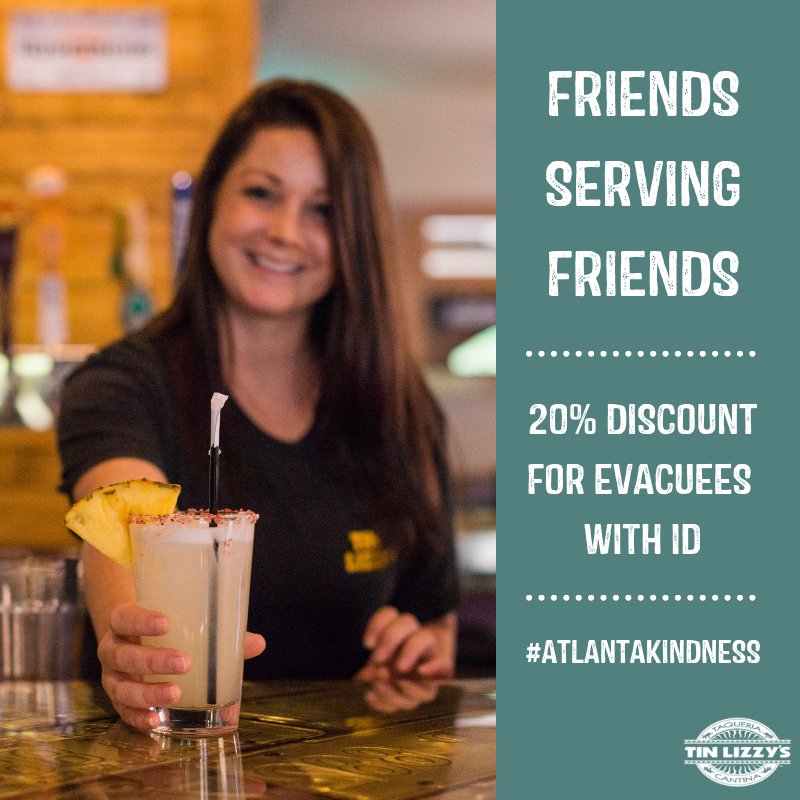 TinLizzys's tweet photo. Our thoughts go out to all of those who are affected by Hurricane Florence. We're offering a 20% discount to evacuees who visit us starting now through the weekend. Show your ID and we'll hook you up with a discount on some tacos and tequila. Cheers, friends! #iAmTL #ATLKindness https://t.co/HaYC3VuLHy