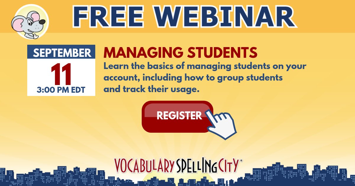 #Teachers, our weekly #webinars are back! 💻 Register to learn how to manage, group, and track students on <a href="/SpellingCity/">SpellingCity</a>! bit.ly/VSCWeb #edchat #elemedchat #kchat #1stchat #2ndchat #3rdchat #4thchat #5thchat #backtoschool
