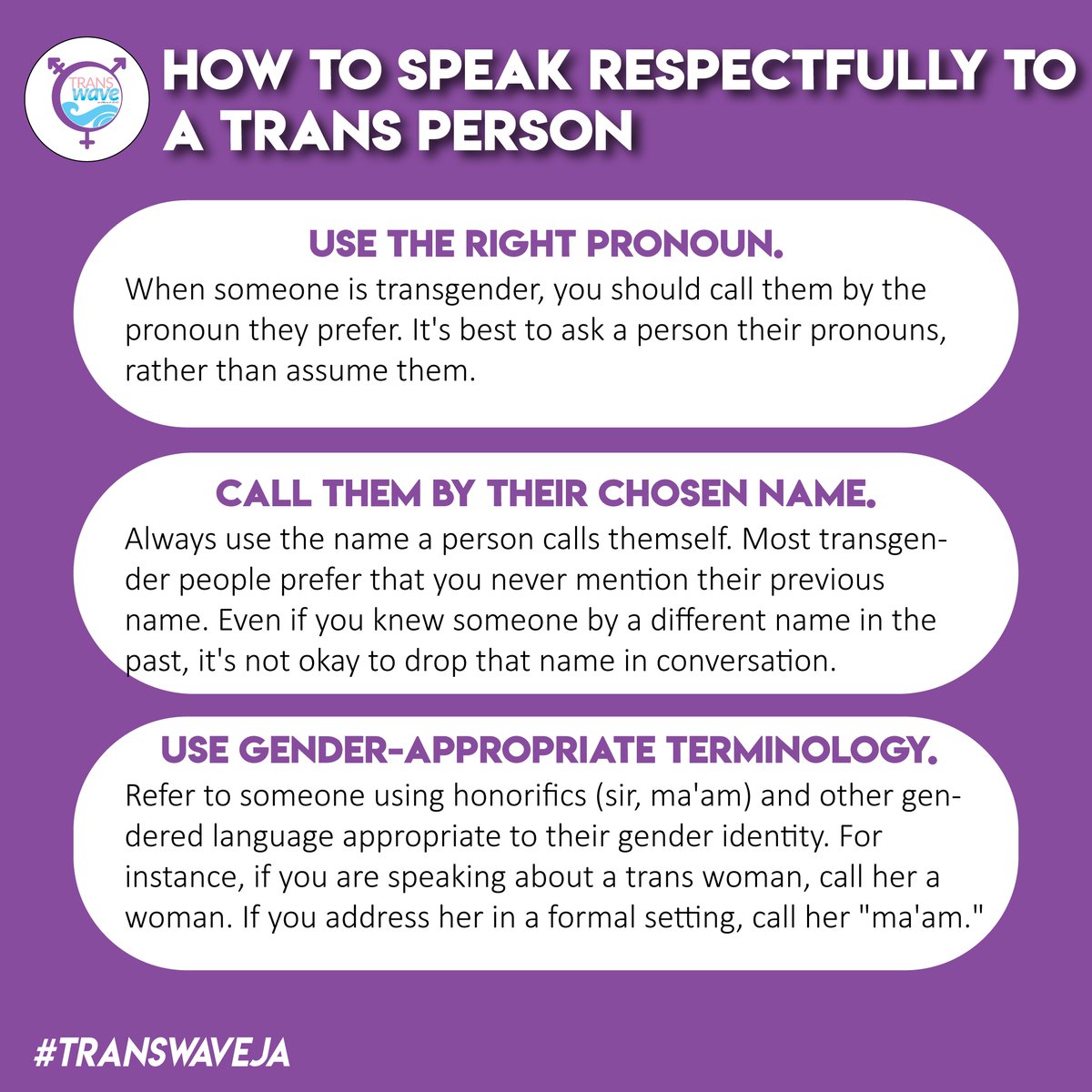 TransWaveJA's tweet photo. Here are a few tips on how you can speak respectfully to a Trans Person ๐ ๐ ๐ #TransWaveJa #TeamTransWave https://t.co/iiVQOzQFxa