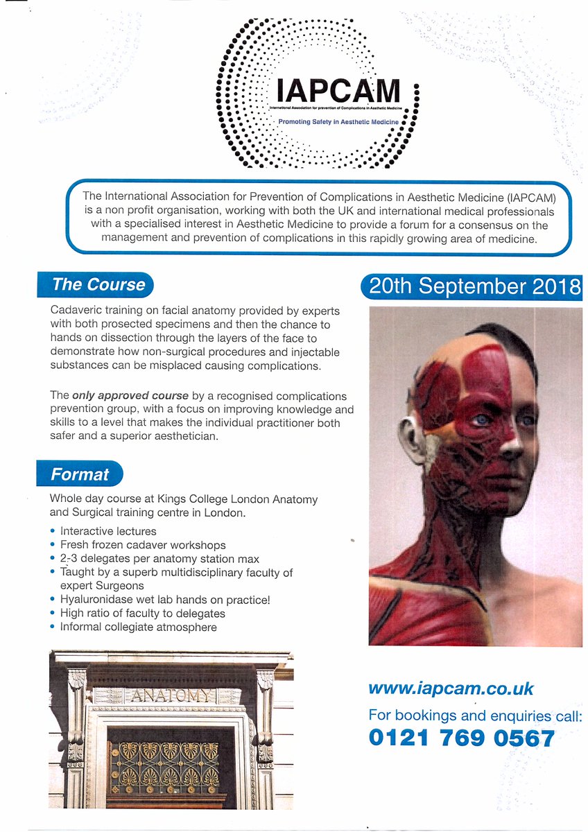 SpringPharm's tweet photo. @IAPCAM1 are offering Cadaveric training on facial Anatomy- 20th September 2018. Please see attached for more information. #aesthetics #aestheticstraining https://t.co/i3tLuOIKVX