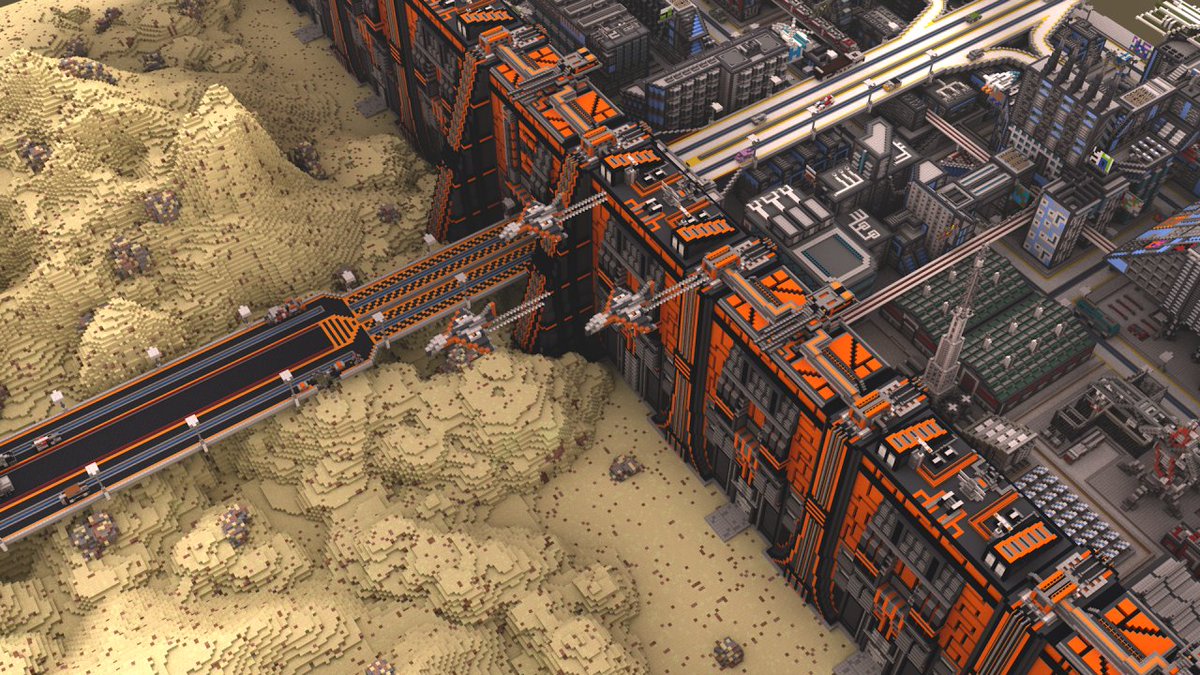 Minecraft's tweet image. NEW on Minecraft.net – High-Tech Oasis! We'd been wandering the desert for weeks (long story, don't ask) when we found PlasmaticStatic's futuristic city build!  
minecraft.net/article/high-t…