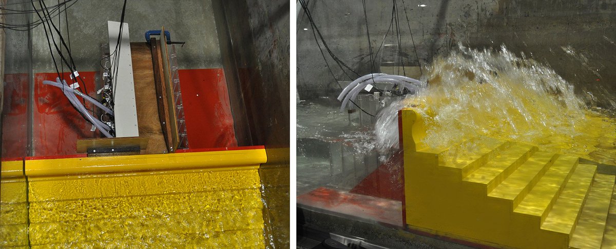 hrwallingford's tweet photo. It's an overtopping #FlumeFriday in one of the @hrwallingford flumes!  This week we're collecting data to validate #WireWall by measuring overtopping discharges using a model of the stepped #revetment structure at #Crosby. https://t.co/eoc6Btltq5