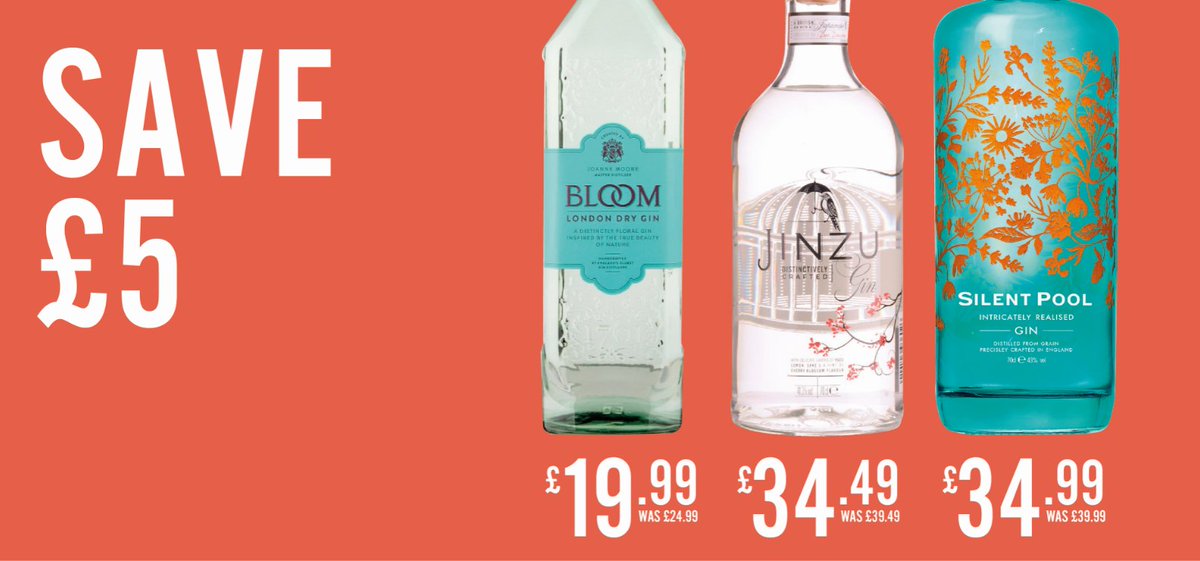 winerackuk's tweet photo. Save £5 on a range of gin's including Bloom, Jinzu and Silent Pool. Prices start from £19.99. Visit your local Wine Rack store, open until late tonight https://t.co/rvgCHiikbe