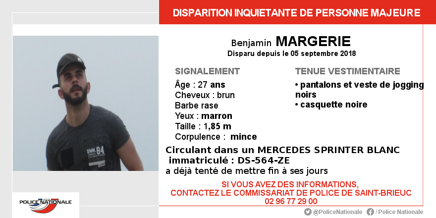 PoliceNat_22's tweet photo. [#AppelàTémoins] Disparition inquiétante de Benjamin MARGERIE (27 ans). Les policiers de @PoliceNat_22 et la famille ont besoin de vous, merci de vos #RT.
@Prefet22 @StBrieucAgglo @VilledeStBrieuc @VillePloufragan @VilledePlerin https://t.co/VBHxssPPer