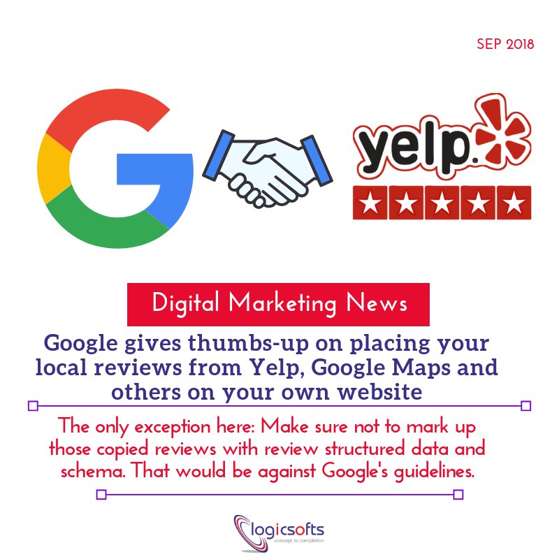 logicsoftsuk's tweet photo. #Google gives thumbs-up on placing your #local #reviews from #Yelp, #GoogleMaps and others on your own #website.

#DigitalMarketingNews #DigitalMarketing #socialmediamarketing #TechNews #OnlineBusinesses #startups #SEO #SMM #Tweet #SocialMedia #DigitalTransformation #logicsofts https://t.co/KHJmFbY2Pv
