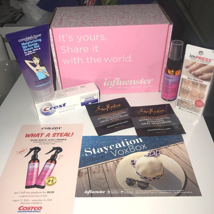 Naturally_Dij's tweet image. Got my Staycation VoxBox!!! @influenster #Complimentary #SheaMoisture #evanyc #crest #imPress #Completelybare