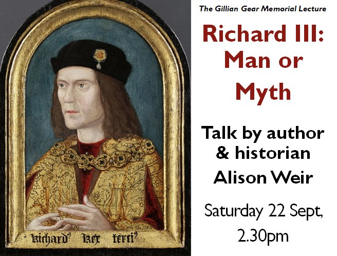 MuseumBarnet's tweet photo. Talk by author Alison Weir: ‘Richard III: Man or Myth’. Sat 22 Sept, 2.30pm. Chipping Barnet parish church, EN5 4BW. Full details at https://t.co/NGoXzU50oc https://t.co/HFuJTqF7wB