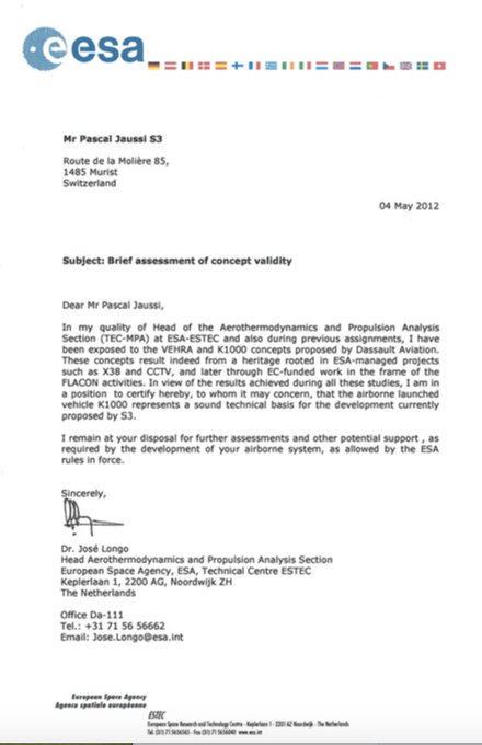 1/13 Mars 2013: Inauguration: Brief Assessment of ESA /Contrat sous l’égide de l’ESA de 3.5M € /Contrat Breitling de 15MCHF s/10 ans, accord s/l’apport technique de Dassault pour 50M€, garantie bancaire d’AXA de 5MCHF soit  total de 68,5MCHF de contrats <a href="/24heuresch/">24 heures</a> <a href="/CAnsermoz/">Claude Ansermoz</a>