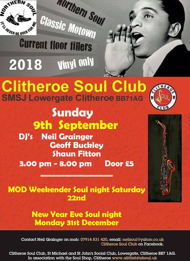 NeilsoulUk's tweet photo. Clitheroe Soul Clubs back in action this Sunday 3 - 8 pm. https://t.co/tichHjJ15G https://t.co/lrA5h7RLcw
