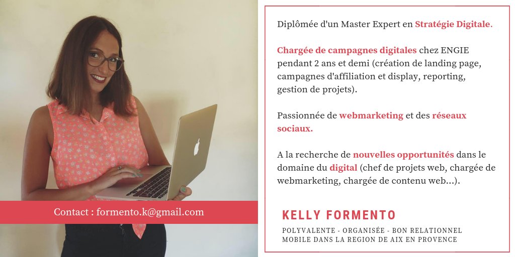 kelly_fmto's tweet photo. Hello #twitter, 
Je suis à la recherche d'un #Emploi dans le domaine du #digital dans la région de #aixenprovence ! #webmarketing #communication #i4EmploiR @i4Emploi 
Plus d'infos par ici : https://t.co/a93MZTOwwu
Merci pour votre aide :) https://t.co/HLLrn0dynt