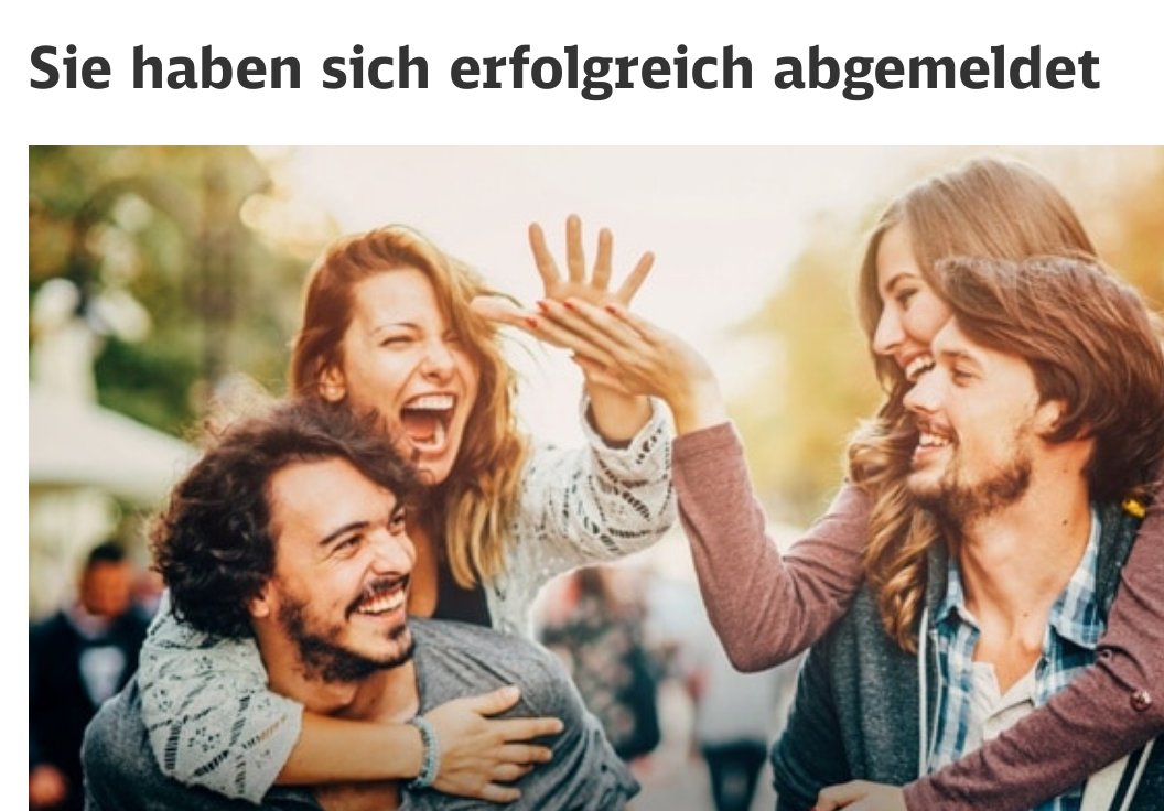 4 Menschen, die sich gegenseitig high-fiven. Text: "Sie haben sich erfolgreich abgemeldet"