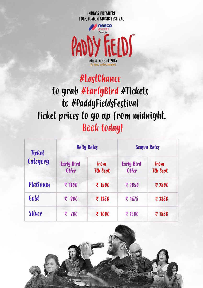 PaddyFieldsFest's tweet photo. #LastChance #EarlyBird #Tickets for #PaddyFieldsFestival #Showtime. #RUThere?
#Tickets https://t.co/8BusFuzxTx https://t.co/fAF4UrCiiO  https://t.co/DX8CFef8eX
#Jugalbandi #Theme #6Oct2018 n #7Oct2018. #FolkMusic #FolkFusion https://t.co/VWeahnE6HO