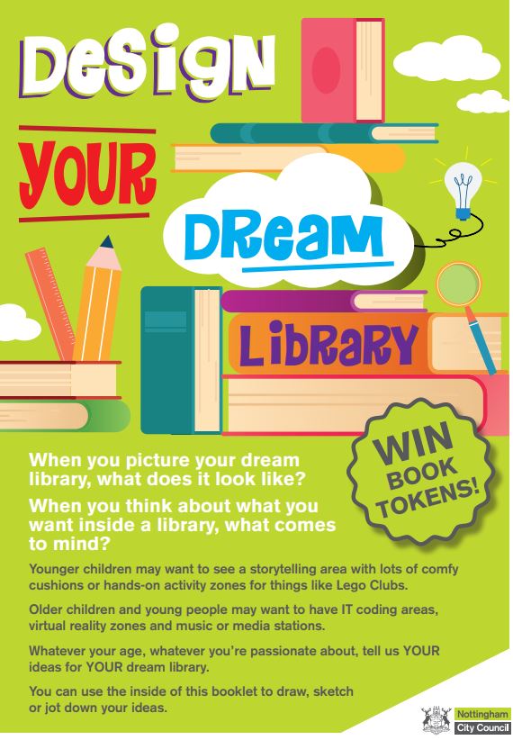 MyNottingham's tweet photo. COMPETITION 🎉 We would love to know what your child's dream library would look like!

Print out the attached or visit your local library to pick up a booklet, draw your dream library for the chance to WIN book tokens! 

#ReadABookDay #Nottingham  https://t.co/FUSE7V8ylF https://t.co/HuYi0fDm58