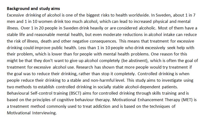 Is controlled drinking a viable goal for alcohol-dependent patients? New <a href="/karolinskainst/">Karolinska Institutet</a> study registered at #ISRCTN isrctn.com/ISRCTN14539251 <a href="/AndersHammarber/">Anders Hammarberg</a>