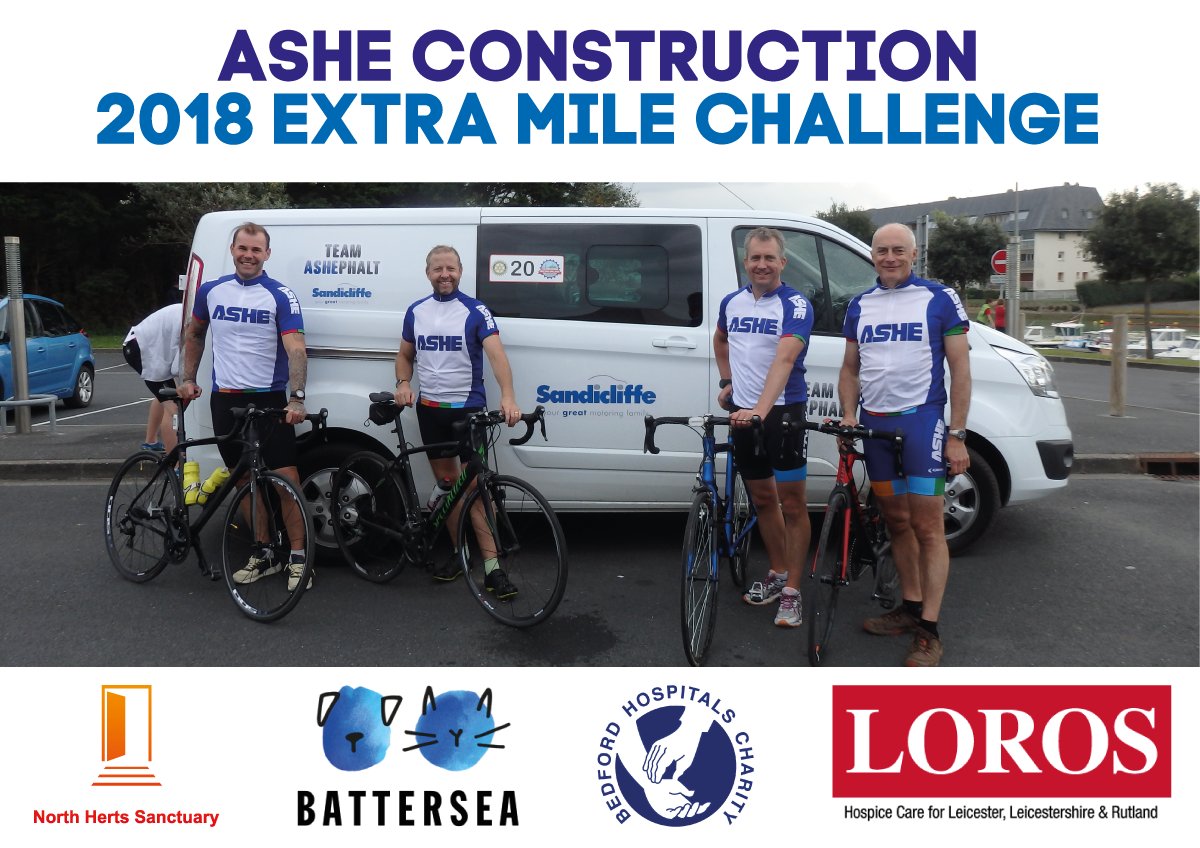 We're taking part in this year's <a href="/ExtraMileChalle/">ExtraMileChallenges</a> !
<a href="/AsheLtd/">Ashe Group</a> are cycling 500+ miles across France to raise money for 4 fantastic charities: North Herts Sanctuary, <a href="/Battersea_/">Battersea</a>, Bedford Hospitals Charity, &amp; <a href="/LOROSHospice/">LOROS Hospice</a> 
You can donate at: uk.virginmoneygiving.com/AsheConstructi… 
Good luck teams!