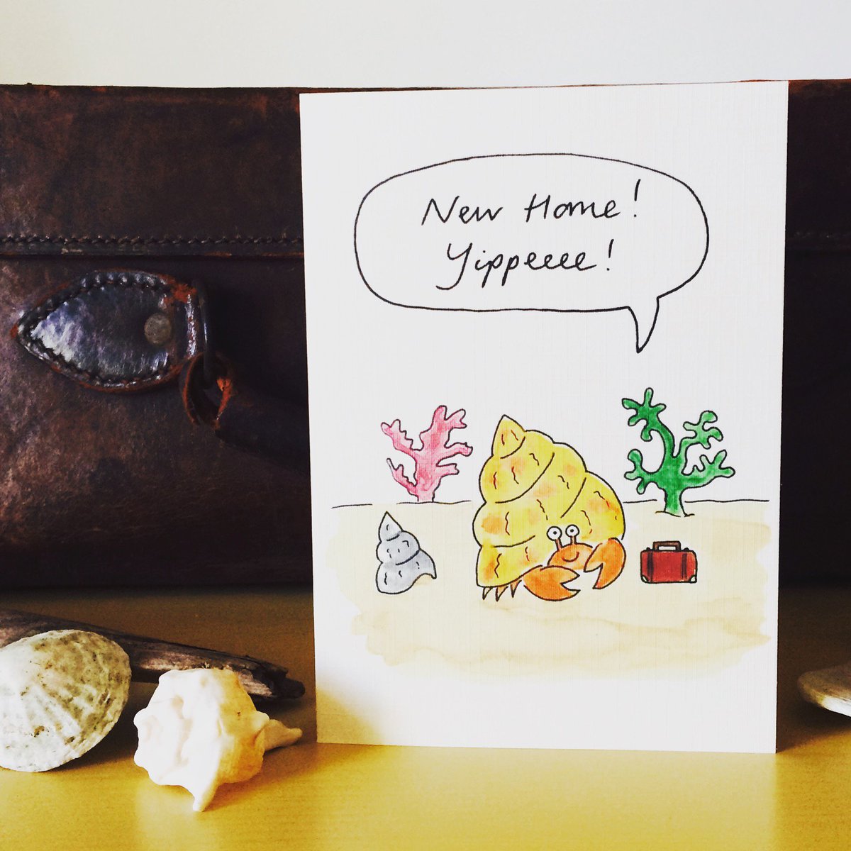 New home for Mr Hermit Crab & more new listings appearing on Etsy today! 🦀 🐚 🏠...I’ll be back more regularly now, crikey 6wk school holidays are busy!! #etsy #newhome #newhomecard #crab #hermitcrab #illustration #watercolour #card #independentartist