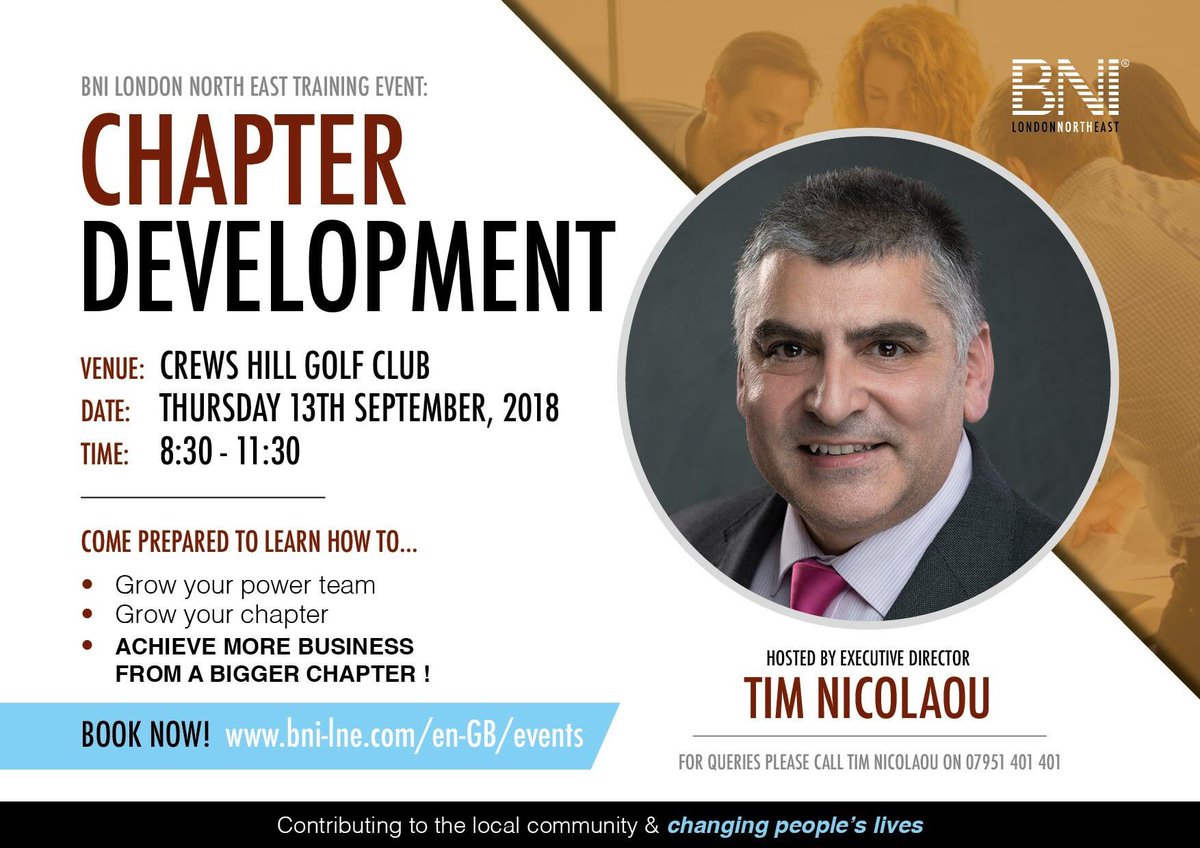 If you’re struggling to find visitors for your chapter a reminder that our very owm @TimDNicolaou will be taking Chapter Development training next week. Book while you can @BNI_LNE @BNI_National