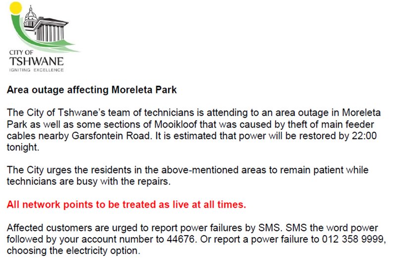 City Of Tshwane Pa Twitter Powerupdate Area Outage Affecting Moreleta Park