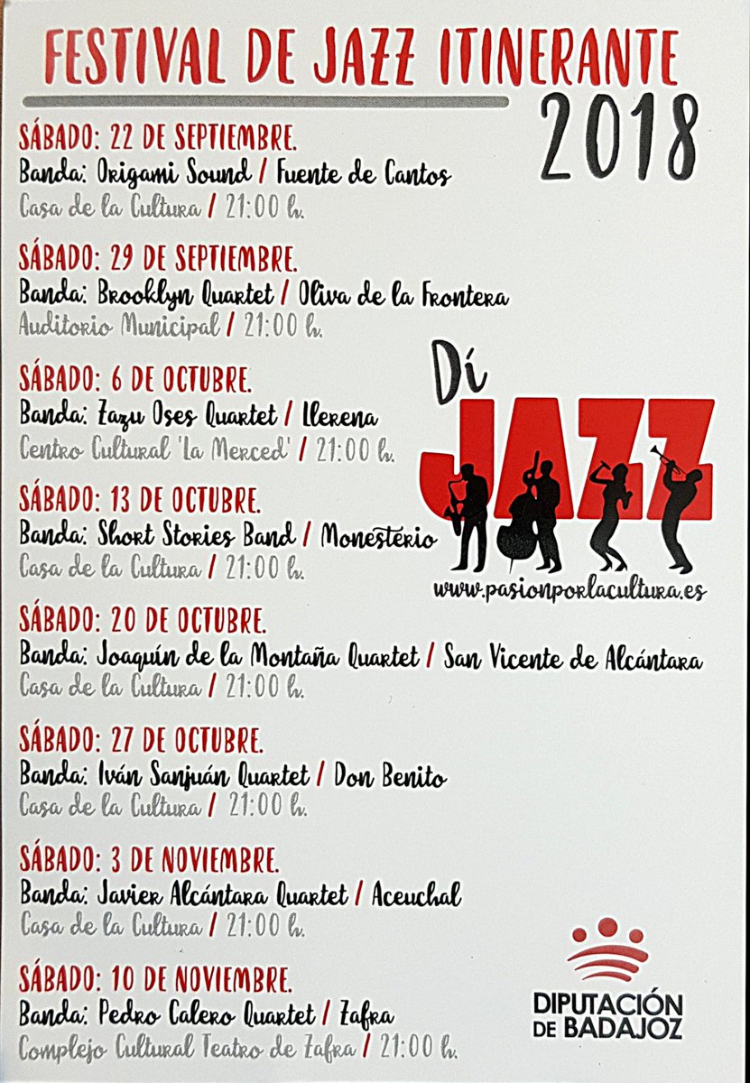 DipdeBadajoz's tweet photo. ¡Escoge tu fecha! #DiJazz
📆 22sep 📌 Fuente de Cantos
📆 29sep 📌 Oliva de la Frontera
📆 6oct 📌 Llerena
📆 13oct 📌 Monesterio
📆 20oct 📌 San Vicente de Alcántara
📆 27oct 📌 Don Benito
📆 3nov 📌 Aceuchal
📆 10nov 📌 Zafra
ℹ Toda la info, en https://t.co/9d5yFb8qwS https://t.co/jBJZDDb6aR