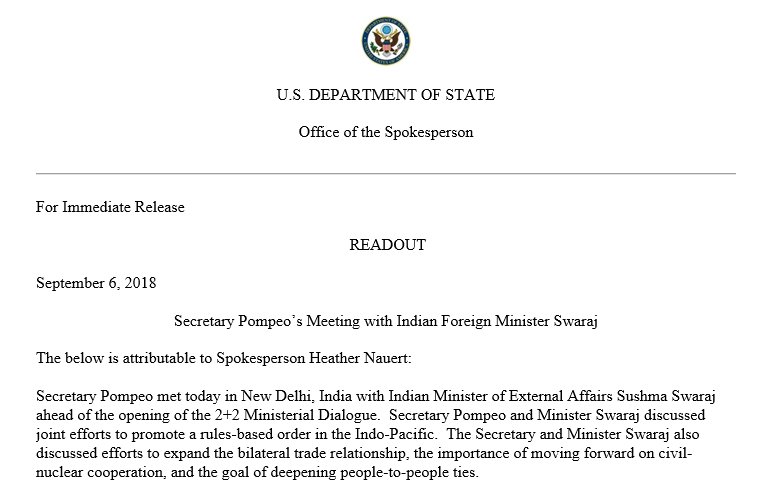 Readout of Secretary Pompeo's Meeting with Indian Foreign Minister Swaraj
