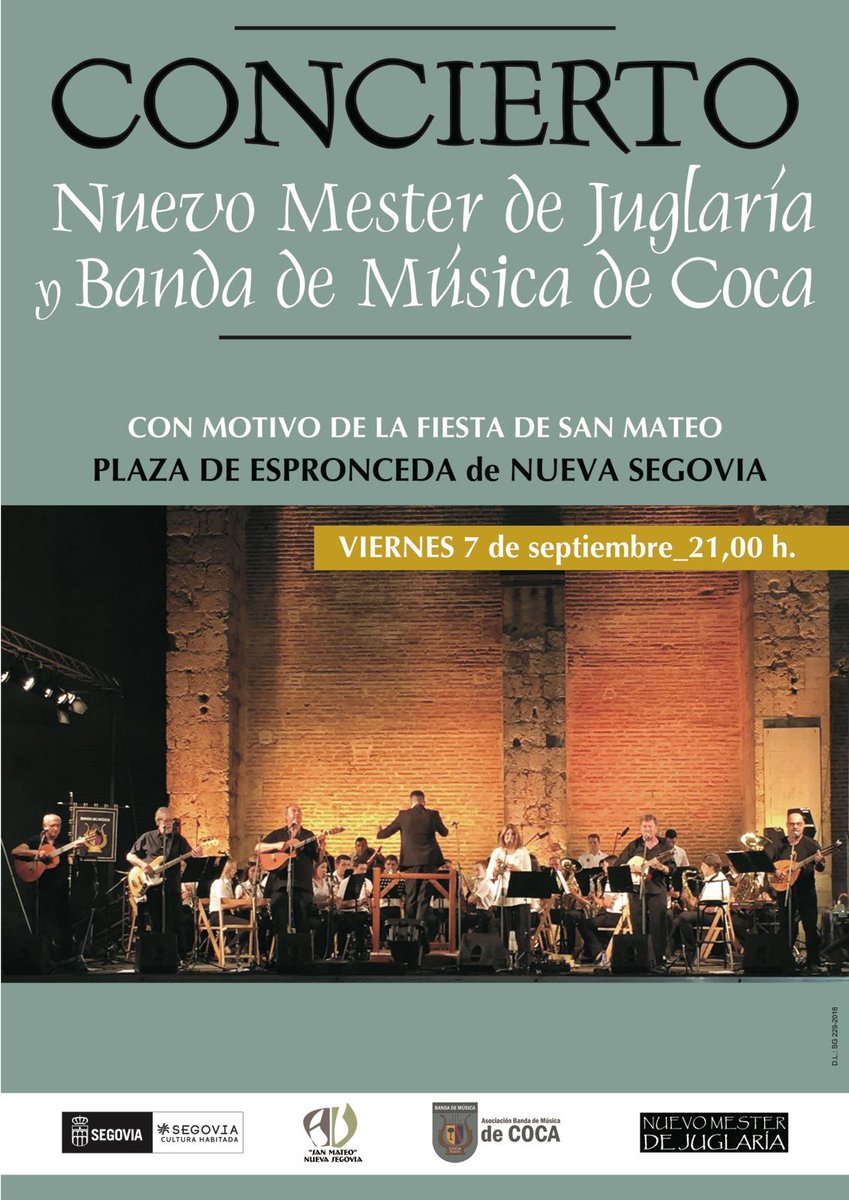Y mañana VIERNES 7 DE SEPTIEMBRE... 🥁🥁🥁 Recordad:

📌 Plaza de Espronceda (Nueva Segovia, Segovia)
🕘 21:00 horas
🎶 Nuevo Mester de Juglaría y <a href="/bandadecoca/">Banda de Música de Coca</a>
💸 GRATUITO

<a href="/segovia_es/">Ayuntamiento de Segovia</a> <a href="/ElNorte_SG/">El Norte. Segovia</a> <a href="/RadioSegovia/">Radio Segovia</a> <a href="/el_adelantado/">El Adelantado de Segovia</a> <a href="/zoquejo/">Segoviadirecto</a> <a href="/LBesa/">Lacresha Besares</a> <a href="/segoviaudaz/">Segoviaudaz.es</a> <a href="/copesegovia/">COPE Segovia</a>