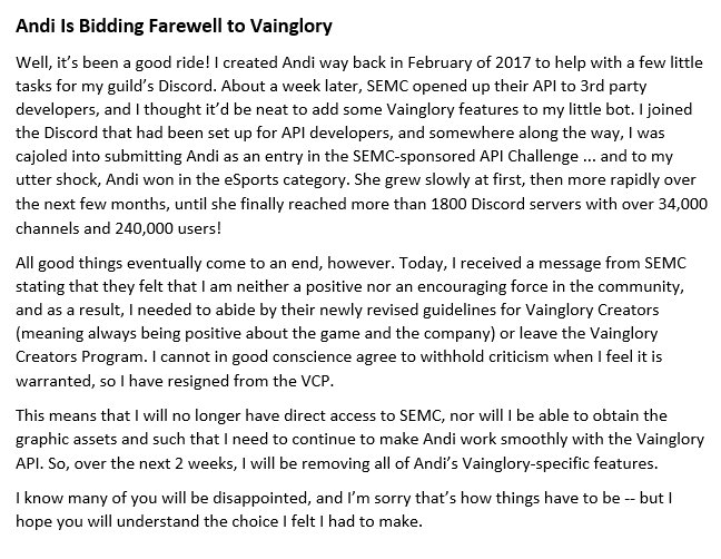 AndromedaAndi's tweet photo. Andi is bidding farewell to @vainglory ... it's been quite a ride. But at the laste, as every thing hath ende / She took hir leve, and nedes wolde wende. (Chaucer, "Troilus and Criseyde") https://t.co/bvZbkP5bnZ