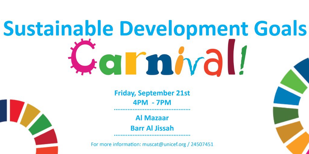 barraljissah's tweet photo. Barr Al Jissah is pleased to invite you to attend the Sustainable Development Goals Carnival, organized by @UNICEFOman @Almazaar on 21st of this month. 

We hope to see there! 

For more information: 
UNICEF Oman: muscat@unicef.org / 24507451
Al Mazaar: 24776856 https://t.co/qzeitvXTV3