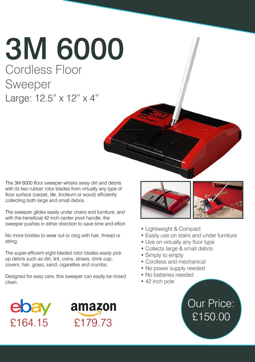 ExDemoCleaning's tweet photo. New in stock (as in Brand New,never used, still in original box) the 3M 6000 Sweeper. Our price only £150! Cheaper than rrp and cheaper than Amazon and Ebay. Discounts available for multiple purchases. Contact for more info #cleaning # https://t.co/jIcgbegNzT