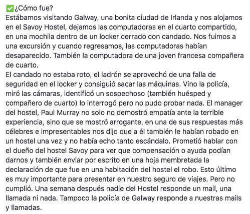 PViajeros's tweet photo. #PEDIDO #ROBO #SAVOYHOSTEL #GALWAY  #IRLANDA
El miércoles 29/8 nos robaron nuestras dos computadoras
✅ ¿Nos ayudan a denunciar que en el @Savoyhostel te roban de los lockers aunque estén cerrados con candado?  
ACÁ LINK TRIPADVISOR https://t.co/ekSC1NjN49 https://t.co/IDC9HdKZL8