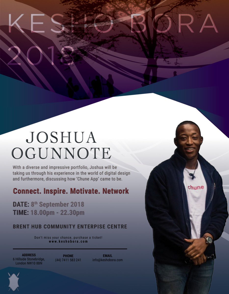 KeshoBora's tweet photo. Presenting our 3rd Guest Speaker! Mr Joshua Ogunnote founder and creative director of @Chune_App who will take us through his journey #KeshoBora2018 https://t.co/odaX79zT3I